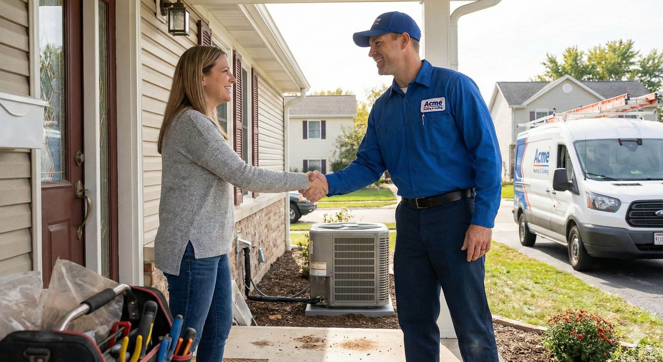 HVAC technician shaking hands with homeowner